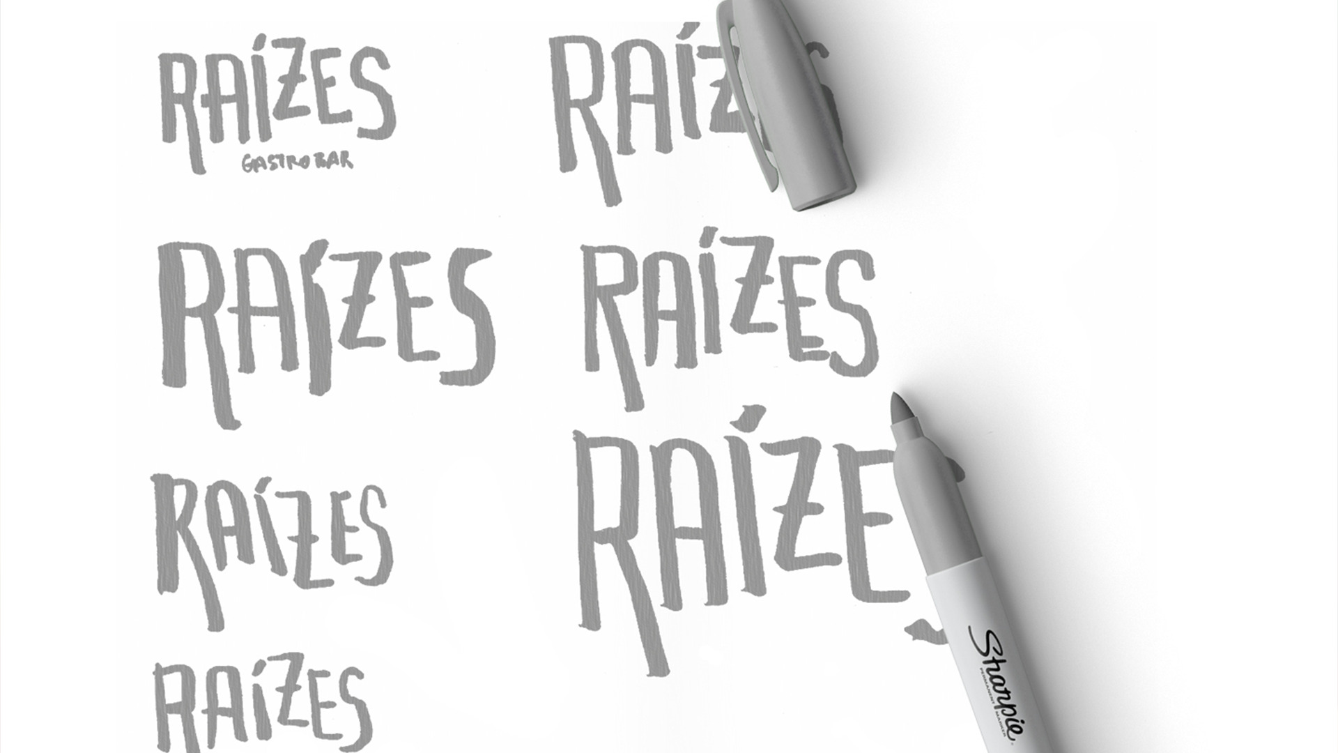 Rascunhos em preto em branco de criação do logotipo Raízes