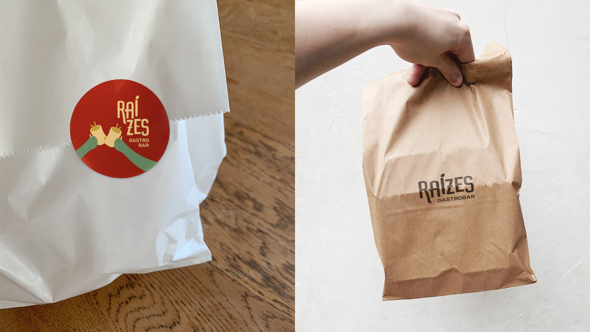 Duas sacolas de papel com logotipo Raízes.